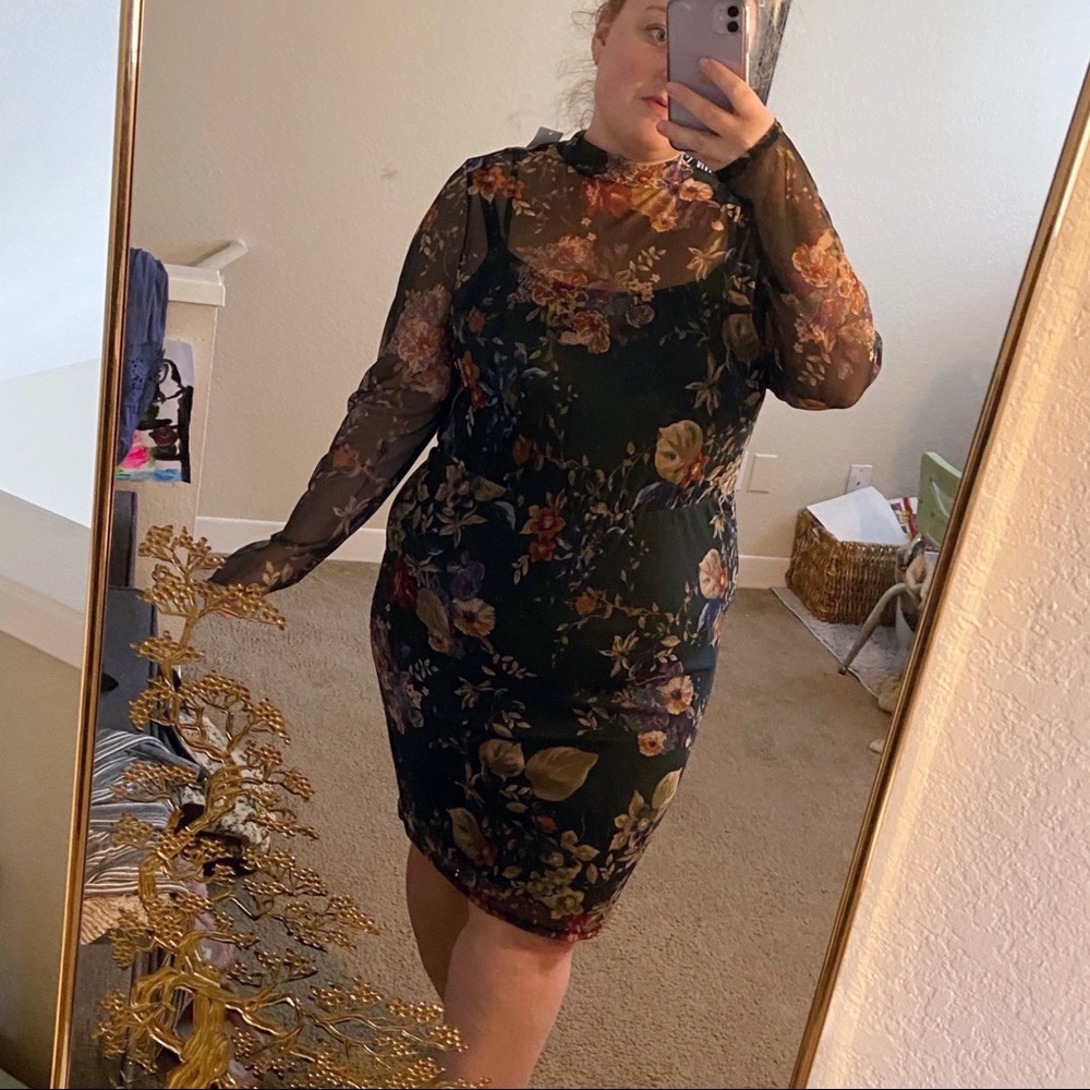 Floral Sheer Sleeve Midi Dress